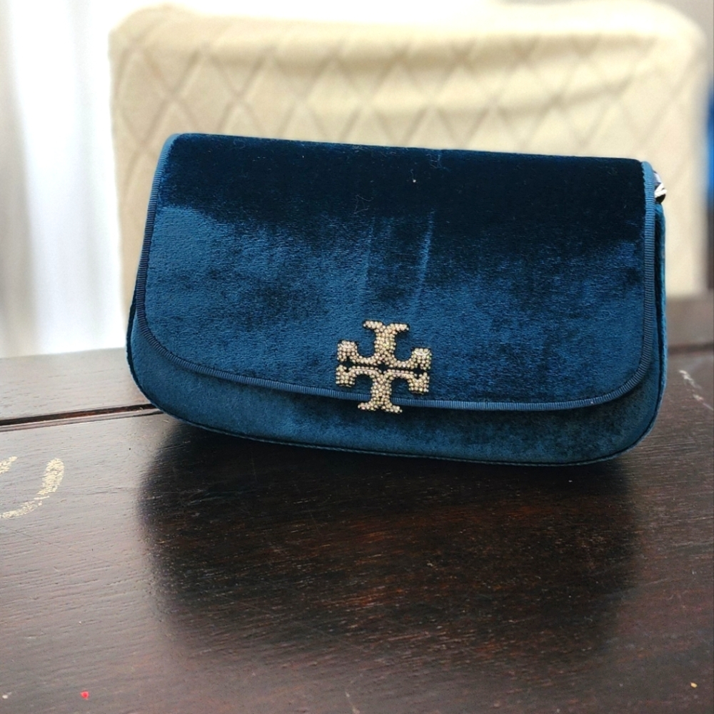 NWT TORY BURCH TEAL NIGHT VELVET ELENOR CLUTCH